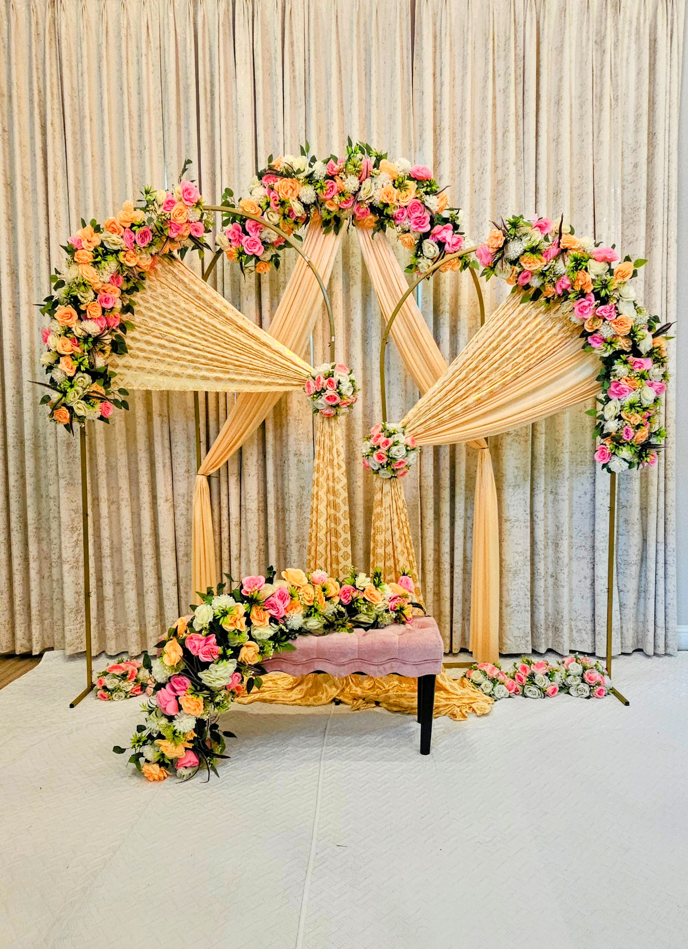 Arches Drapes Flower with Pink Bench