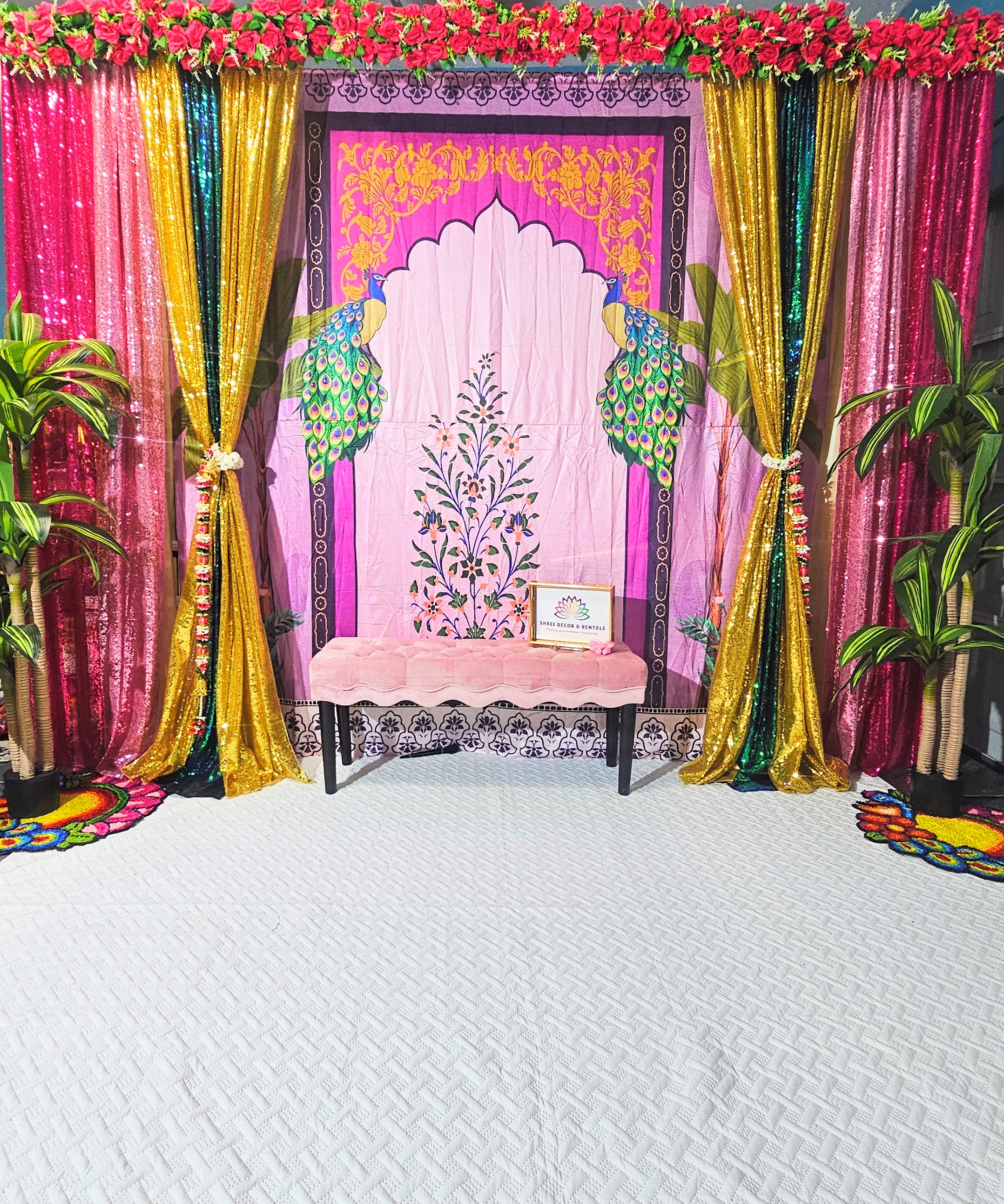 Drapes with Peacock Backdrop and Bench