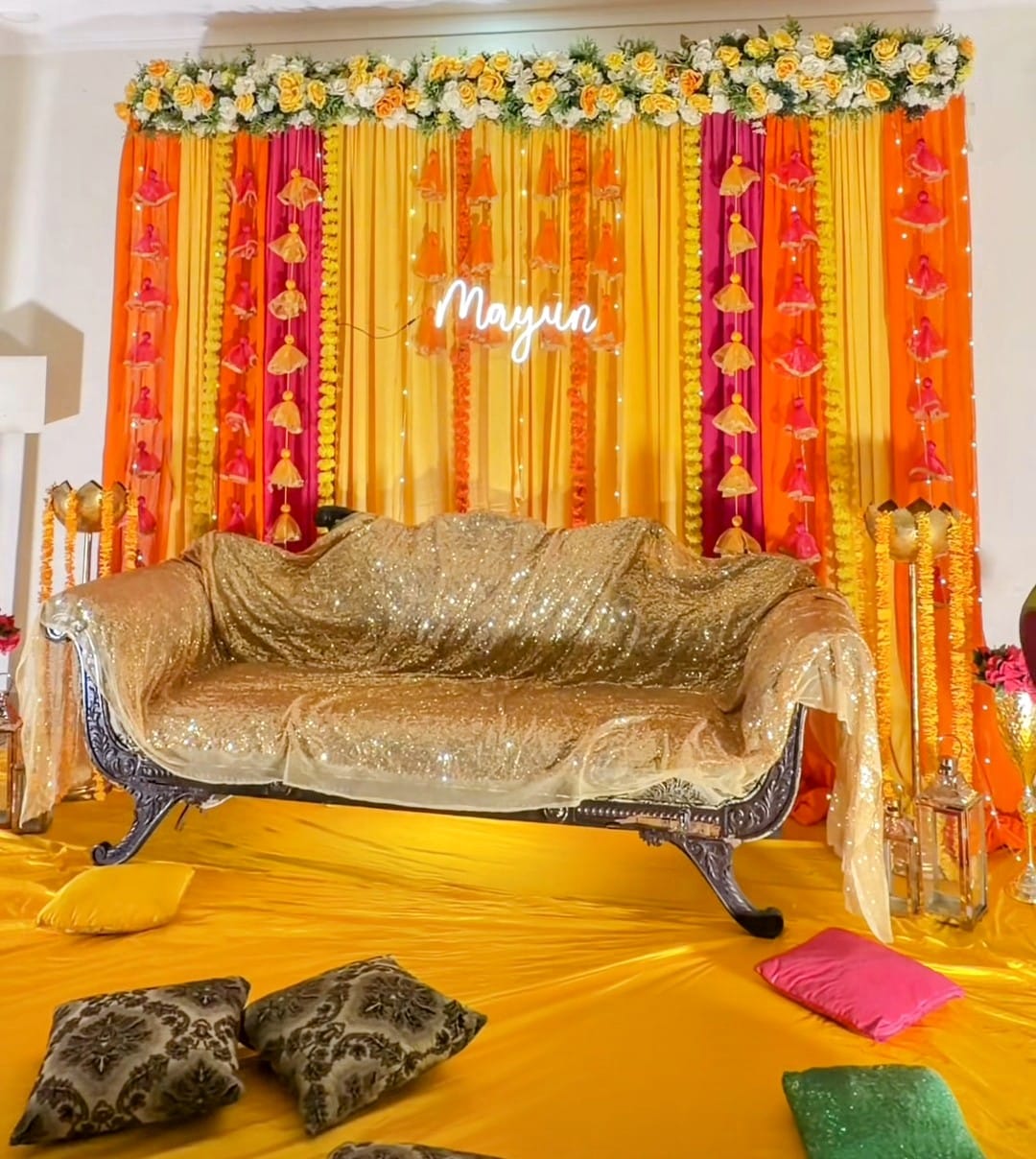 Mehendi with Orange Yellow Drapes