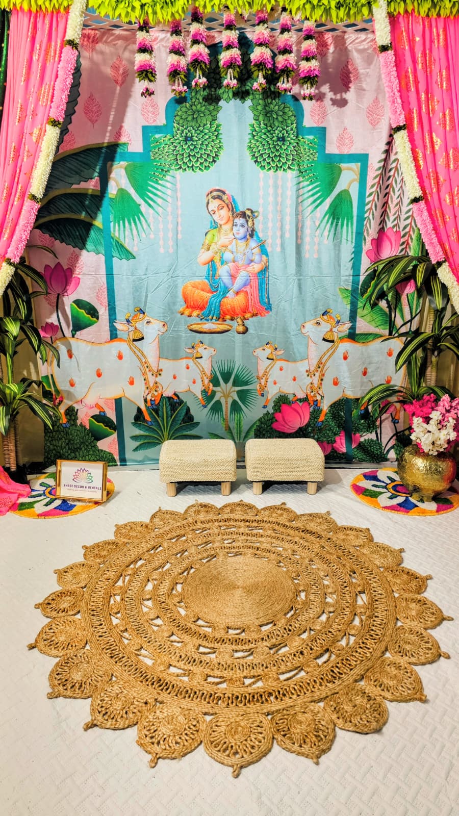 Traditional Krishna Theme Backdrop with Floral Drapes