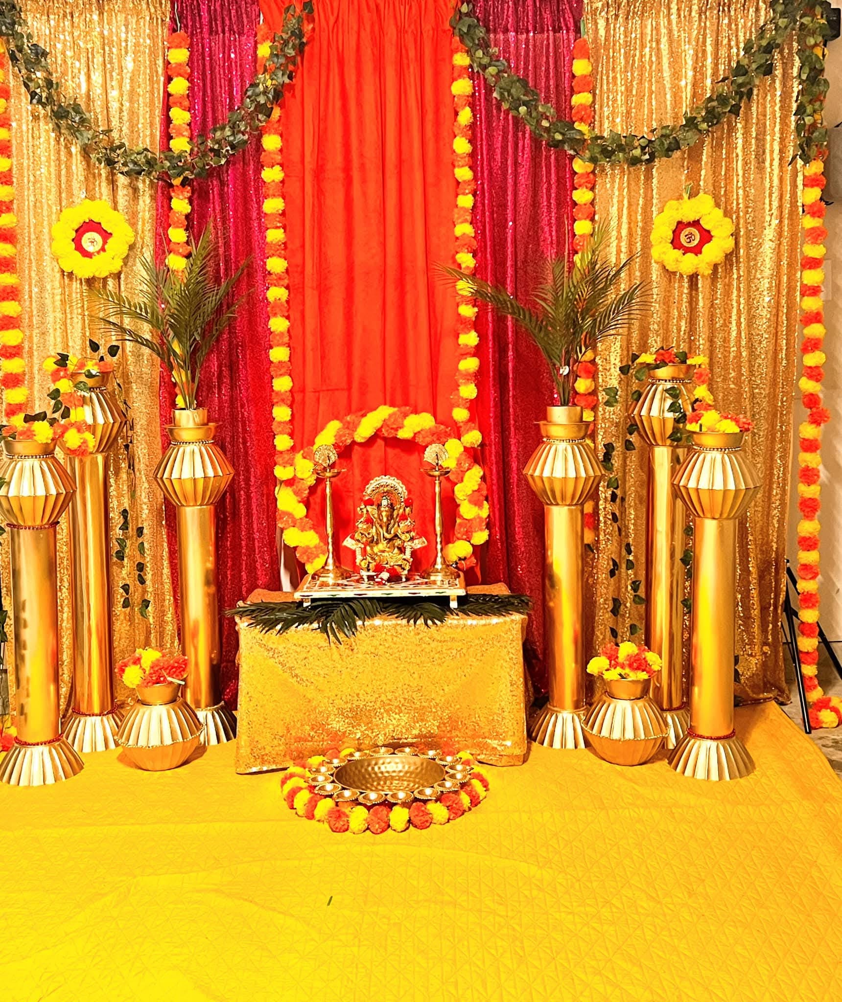 Shimmer Curtains & Marigold with Gold Pillars