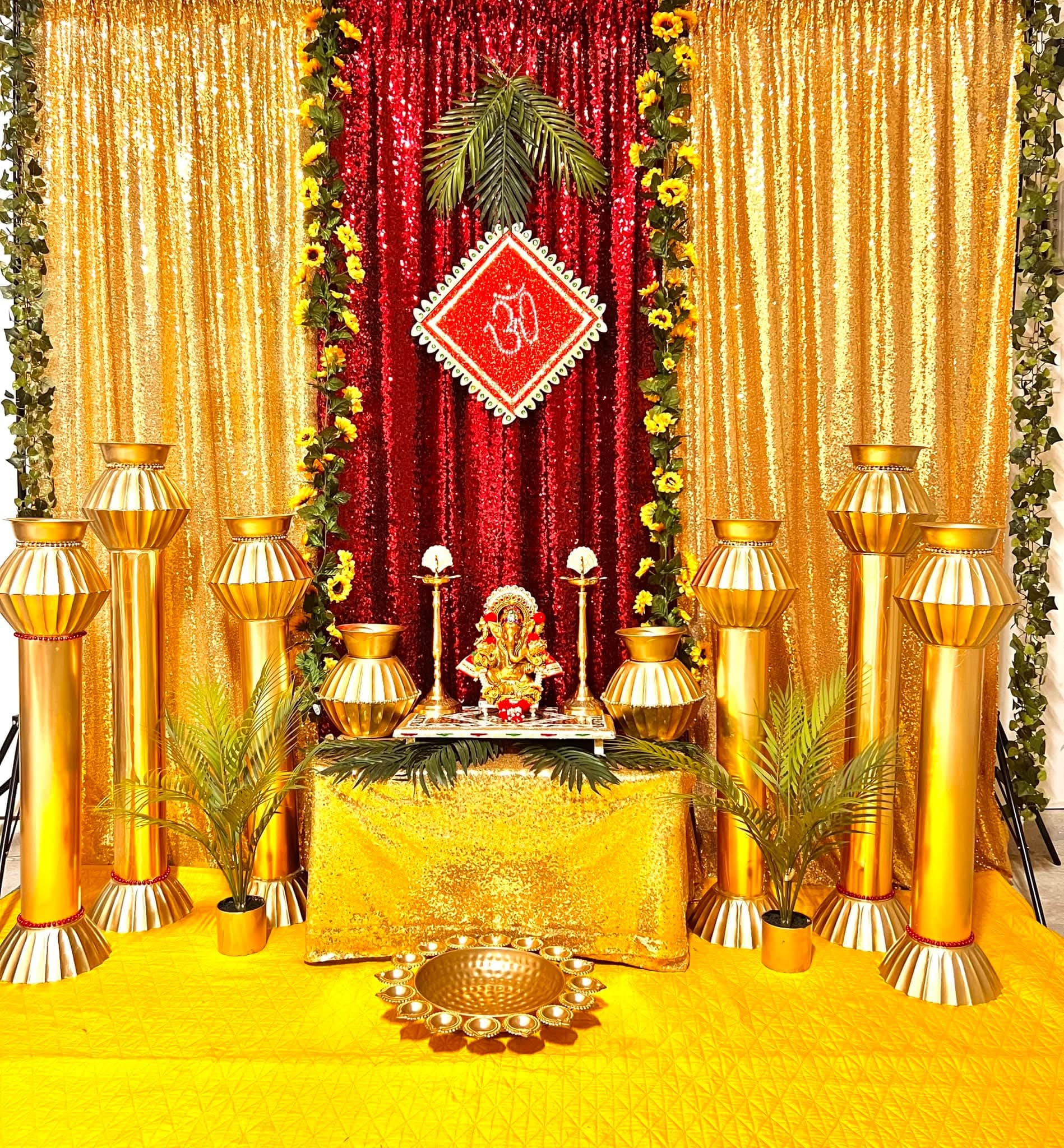 Shimmer Curtains with Gold Pillars