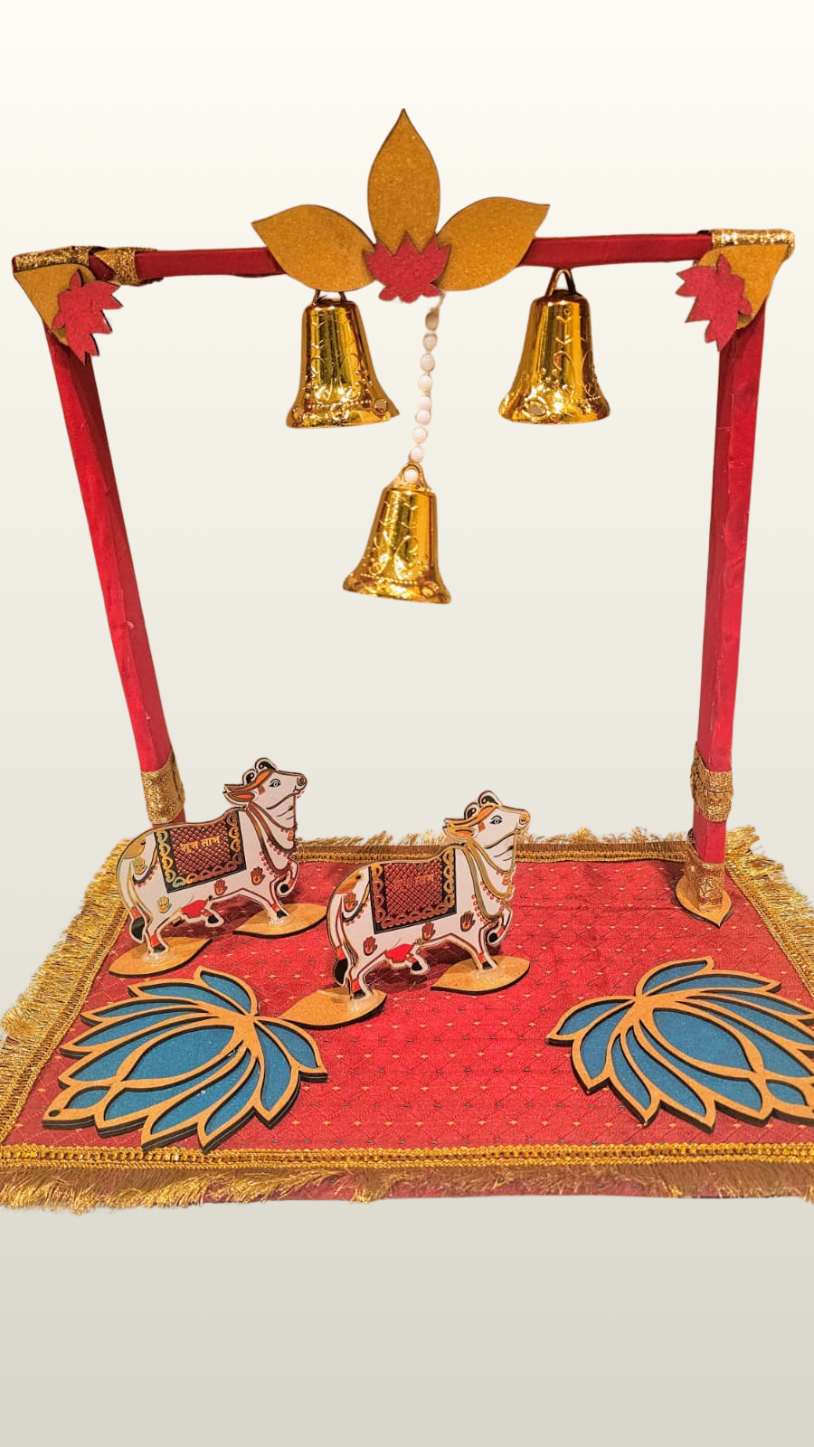 Sacred Kamdhenu Cow Pooja Mandap with Golden Bells